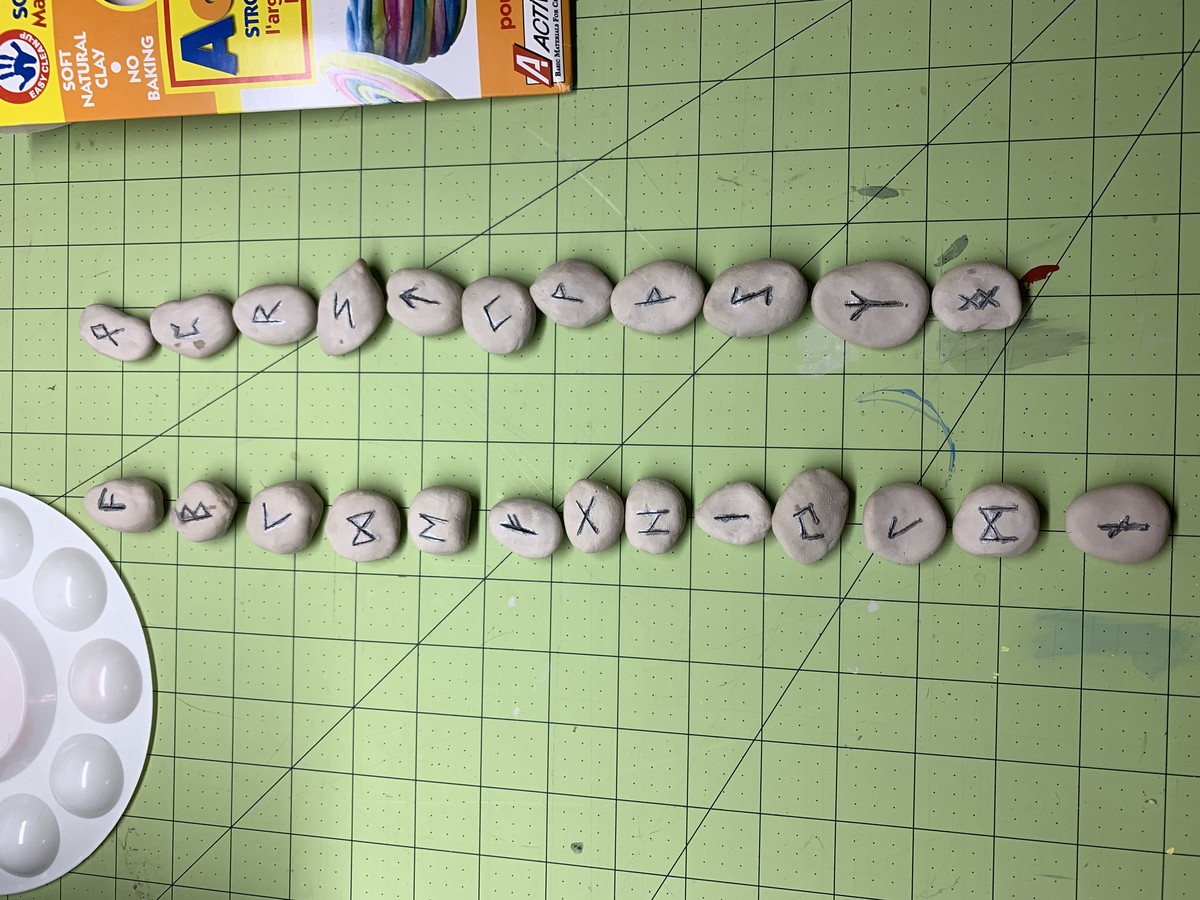 Hand-made Elder Futhark rune set on crafting mat